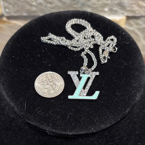 Silver and Teal Blue LV Pendant Necklace - Picture 5 of 5